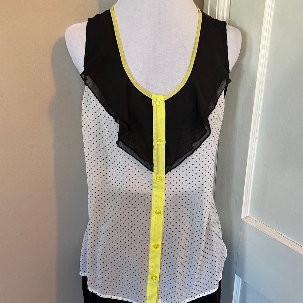 Maurice Sheer Front Ruffle Polkadot with Yellow Trim Tank Top Women's Large